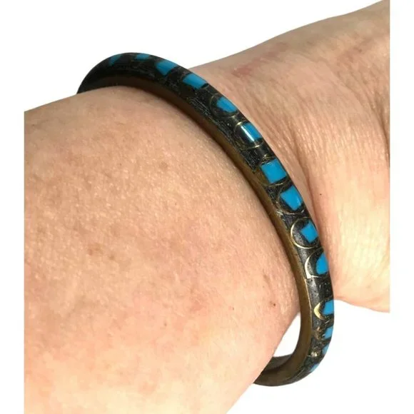 Vintage Brass and Turquoise Glass? Mosaic Bangle Bracelet Tribal Boho - Picture 2 of 5